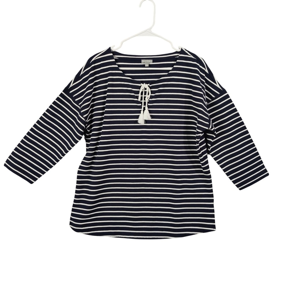T by Talbots Striped Boatneck Tassel 3/4 Sleeve Top Womens Large Nautical Preppy